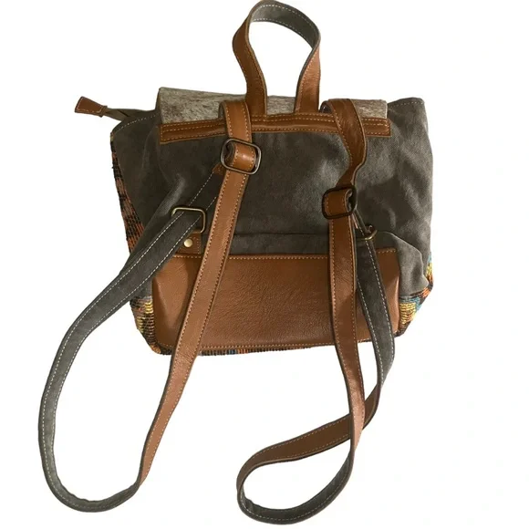 Myra Bag THE ARIZONA backpack purse upcycled leather hair on canvas - Picture 3 of 11